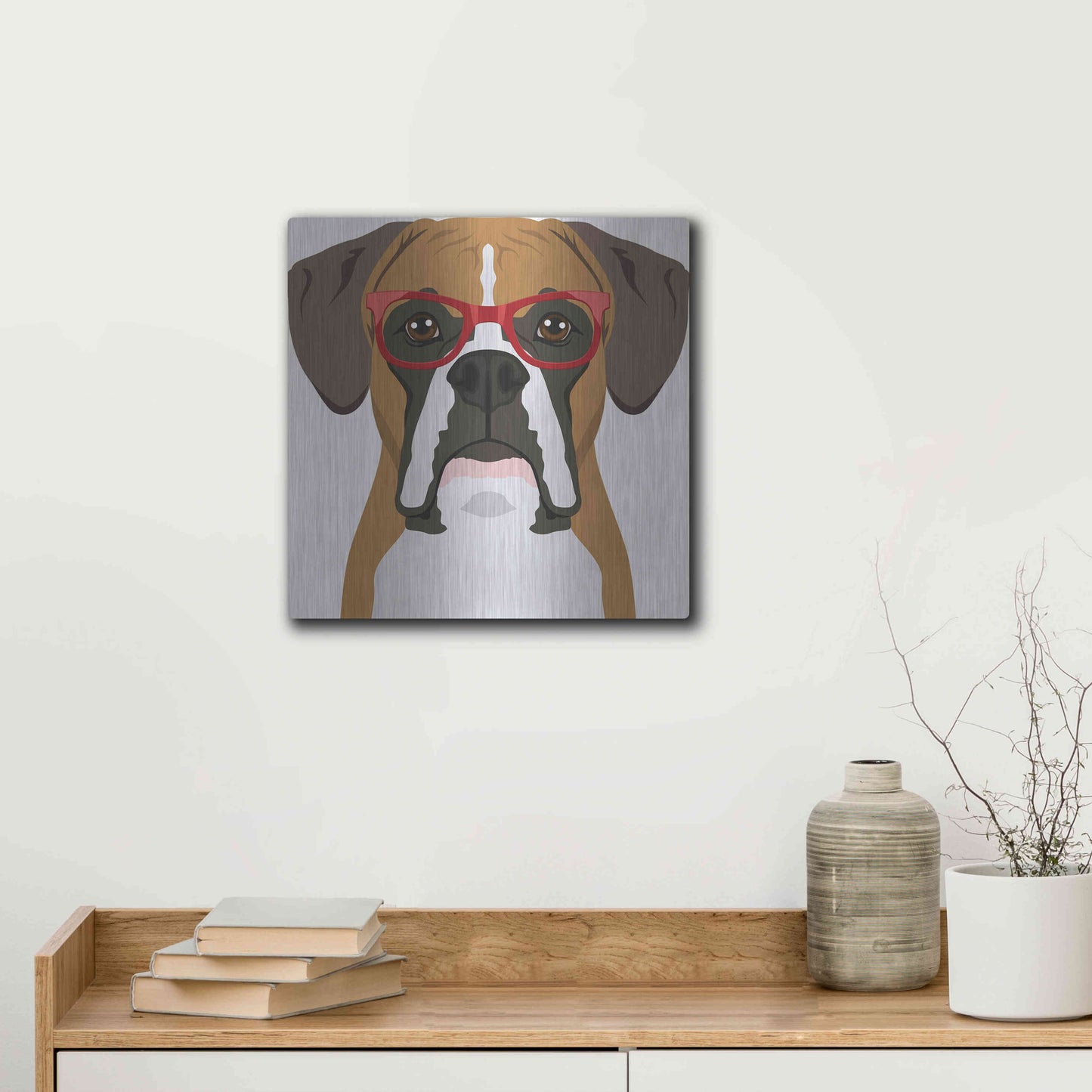 Luxe Metal Art 'Boxer Wearing Hipster Glasses' by Furbaby Affiliates, Metal Wall Art,12x12