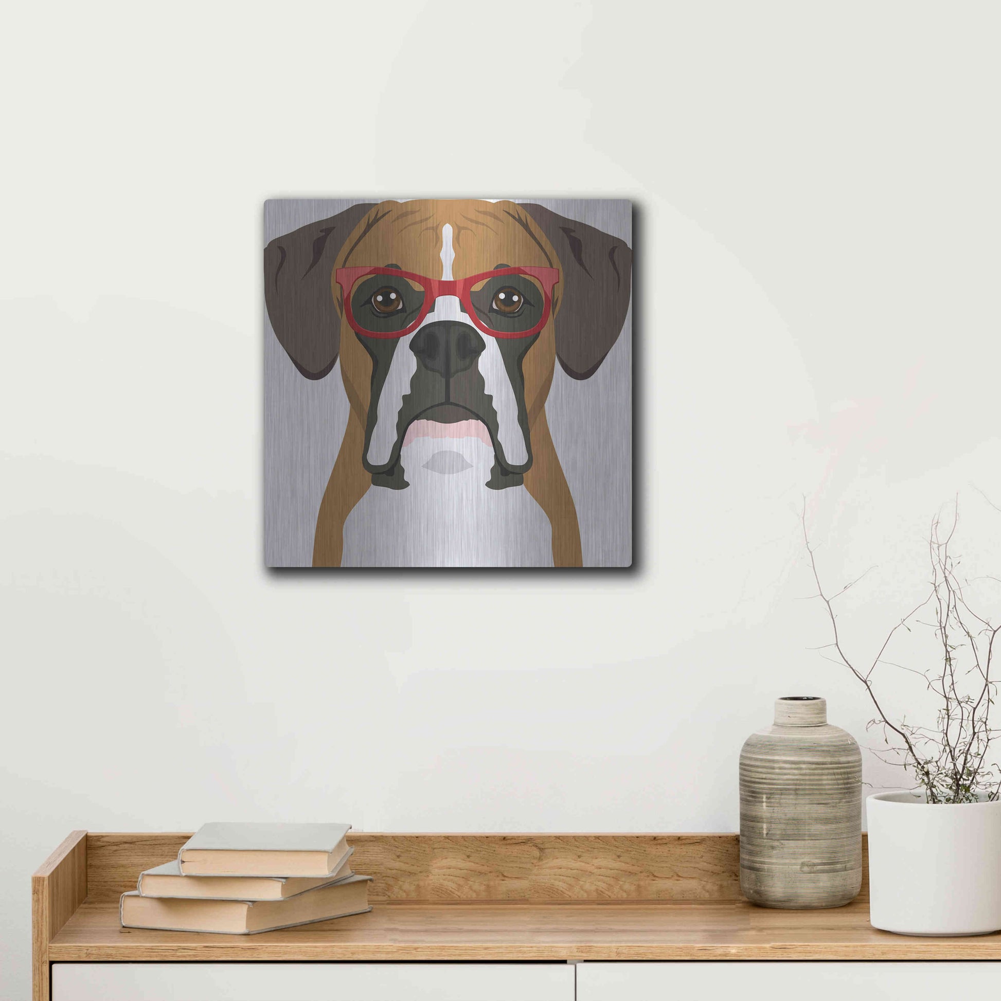 Luxe Metal Art 'Boxer Wearing Hipster Glasses' by Furbaby Affiliates, Metal Wall Art,12x12