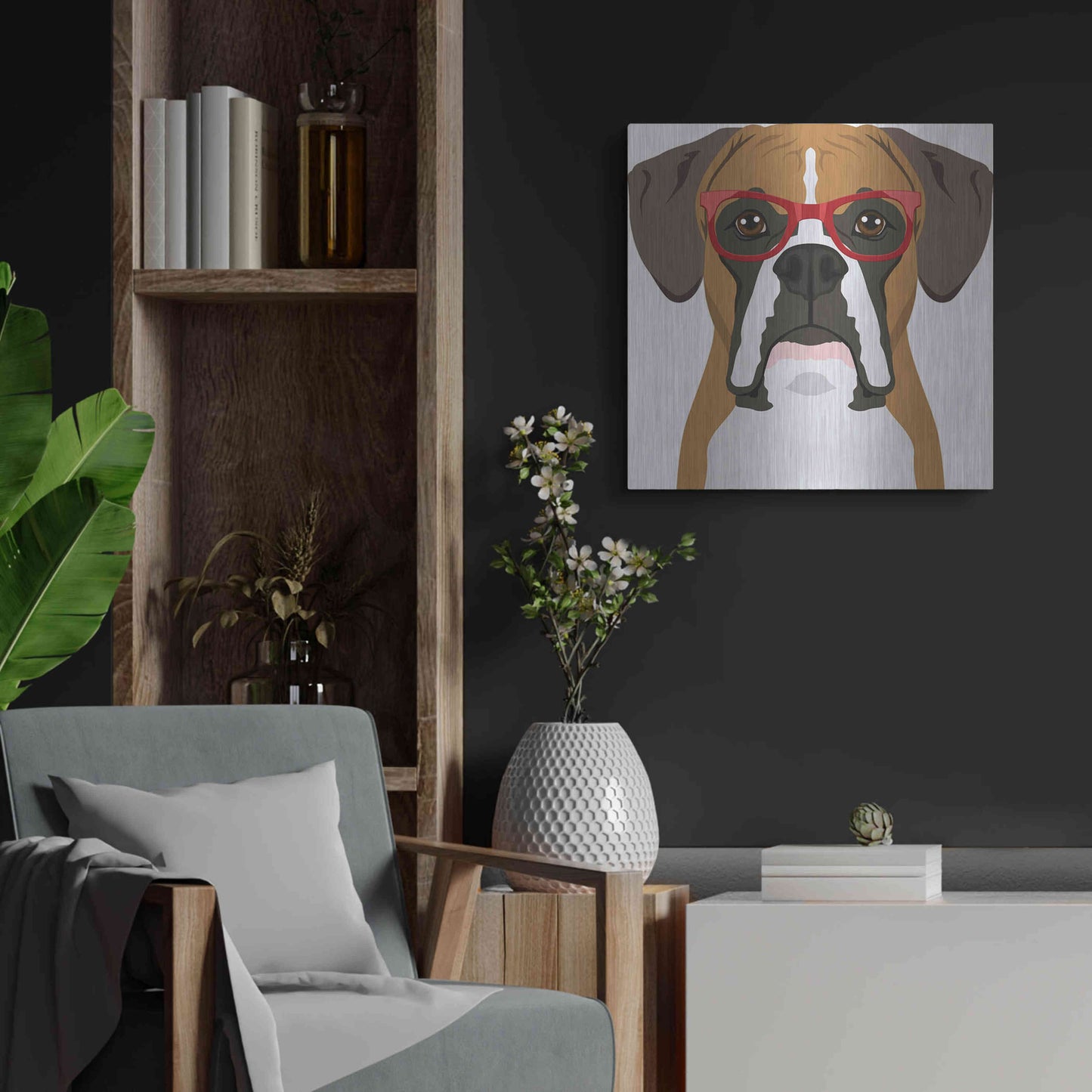 Luxe Metal Art 'Boxer Wearing Hipster Glasses' by Furbaby Affiliates, Metal Wall Art,24x24
