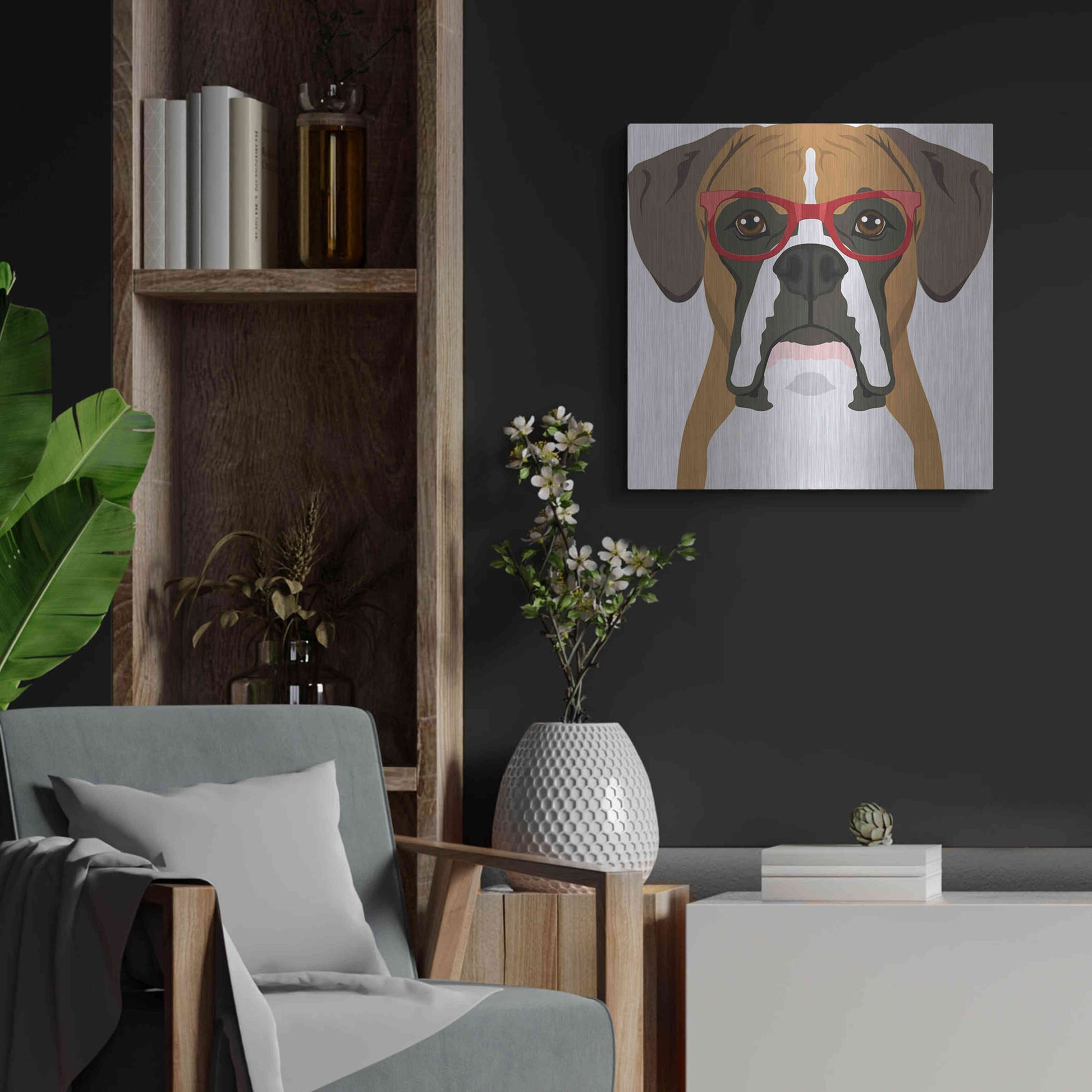 Luxe Metal Art 'Boxer Wearing Hipster Glasses' by Furbaby Affiliates, Metal Wall Art,24x24