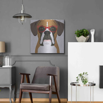 Luxe Metal Art 'Boxer Wearing Hipster Glasses' by Furbaby Affiliates, Metal Wall Art,24x24