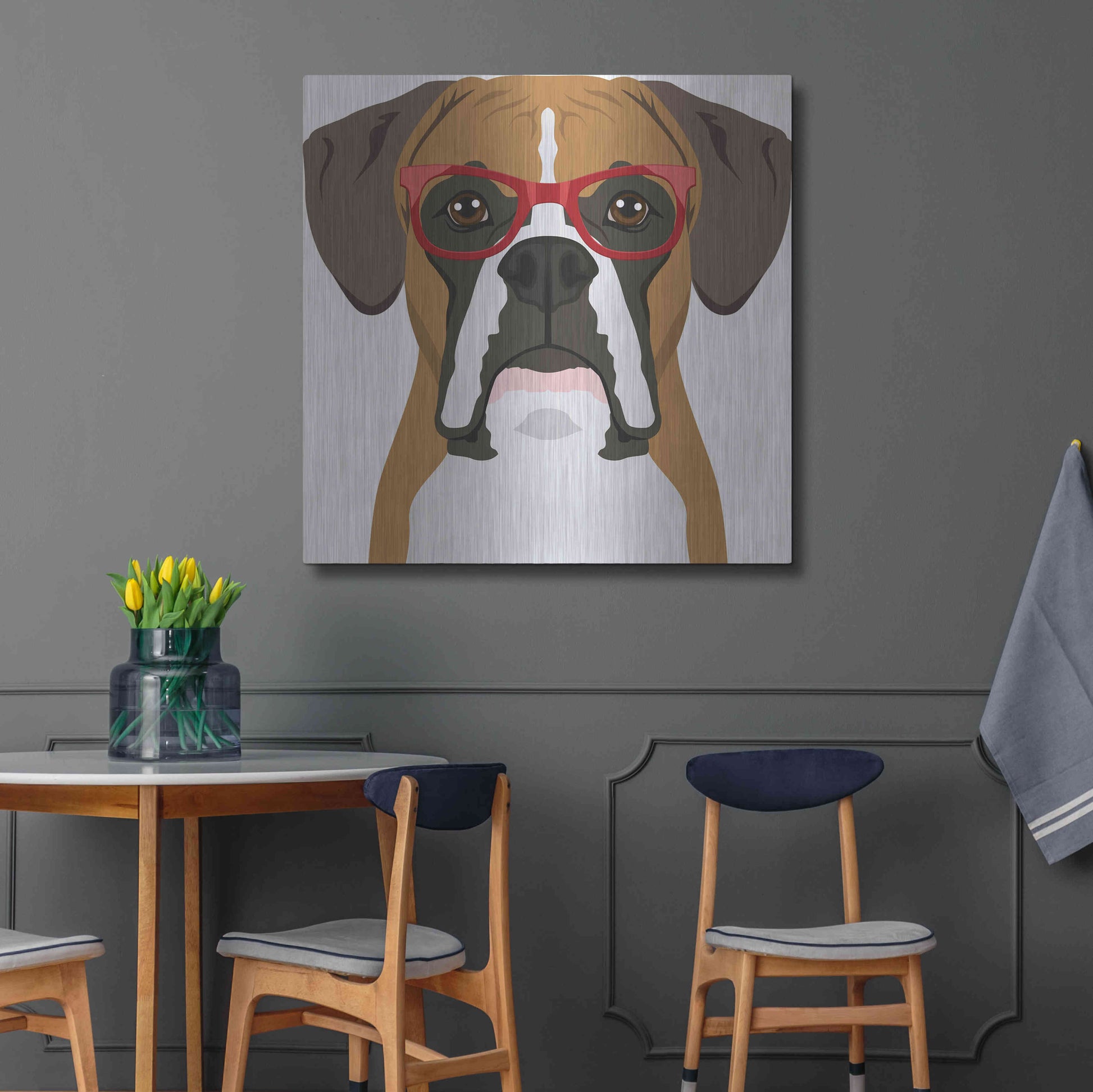 Luxe Metal Art 'Boxer Wearing Hipster Glasses' by Furbaby Affiliates, Metal Wall Art,36x36