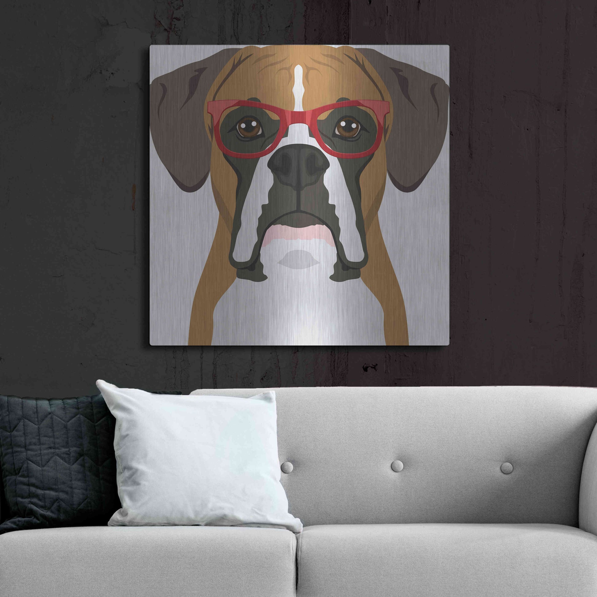 Luxe Metal Art 'Boxer Wearing Hipster Glasses' by Furbaby Affiliates, Metal Wall Art,36x36