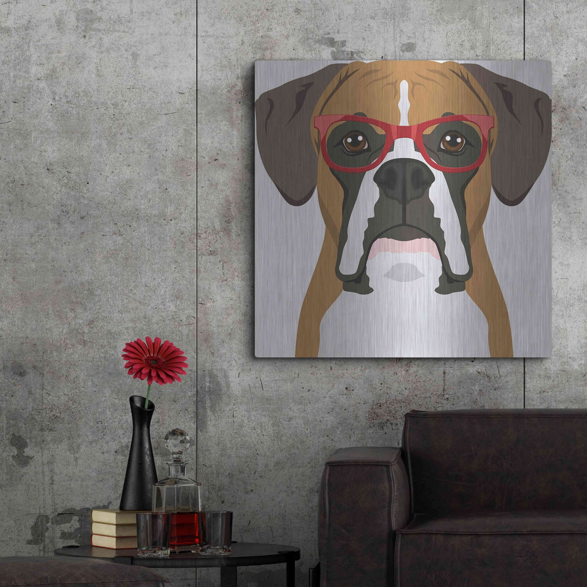 Luxe Metal Art 'Boxer Wearing Hipster Glasses' by Furbaby Affiliates, Metal Wall Art,36x36