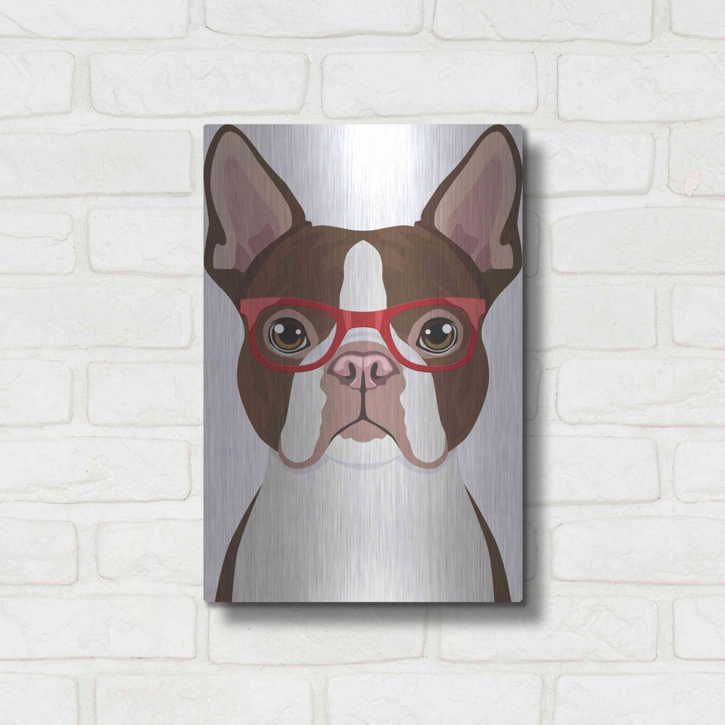 Luxe Metal Art 'Boston Terrier Wearing Hipster Glasses 2' by Furbaby Affiliates, Metal Wall Art,12x16