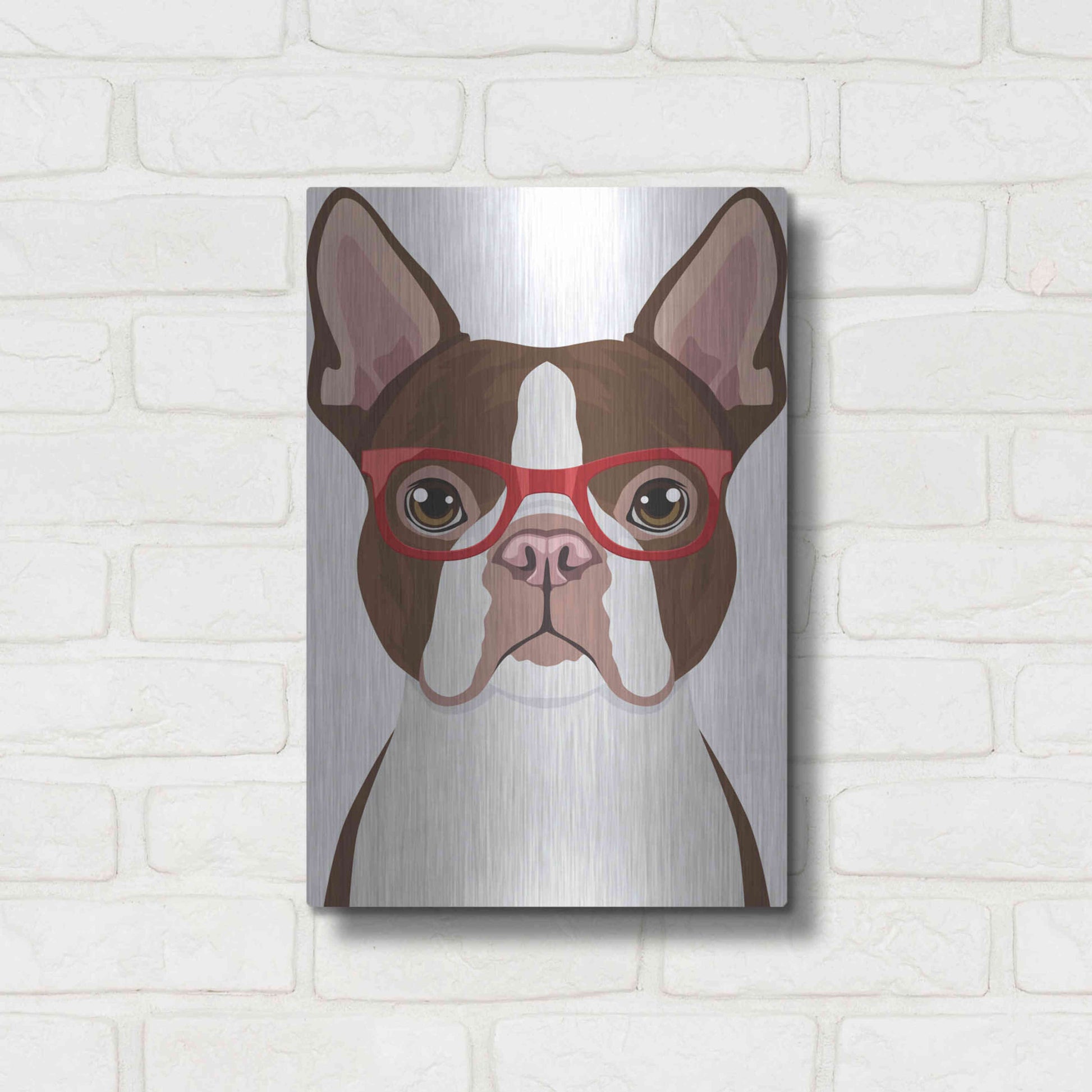 Luxe Metal Art 'Boston Terrier Wearing Hipster Glasses 2' by Furbaby Affiliates, Metal Wall Art,12x16