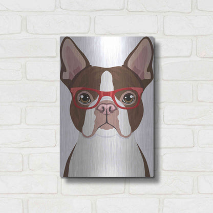 Luxe Metal Art 'Boston Terrier Wearing Hipster Glasses 2' by Furbaby Affiliates, Metal Wall Art,12x16