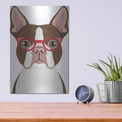 Luxe Metal Art 'Boston Terrier Wearing Hipster Glasses 2' by Furbaby Affiliates, Metal Wall Art,12x16