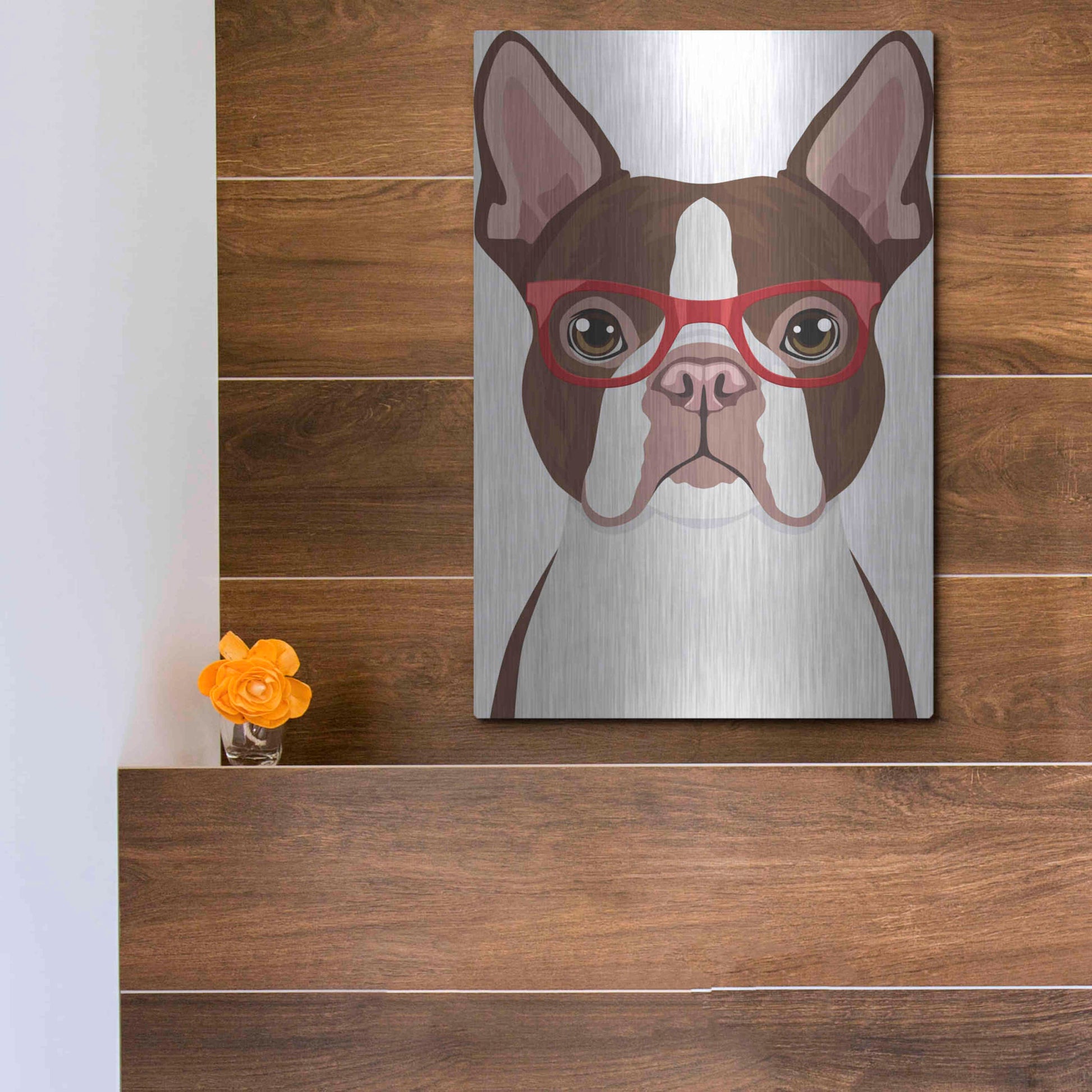Luxe Metal Art 'Boston Terrier Wearing Hipster Glasses 2' by Furbaby Affiliates, Metal Wall Art,12x16