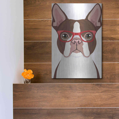 Luxe Metal Art 'Boston Terrier Wearing Hipster Glasses 2' by Furbaby Affiliates, Metal Wall Art,12x16