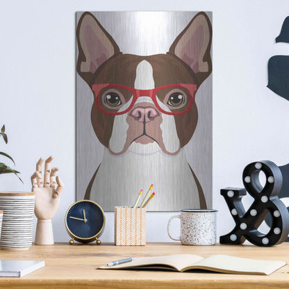 Luxe Metal Art 'Boston Terrier Wearing Hipster Glasses 2' by Furbaby Affiliates, Metal Wall Art,12x16