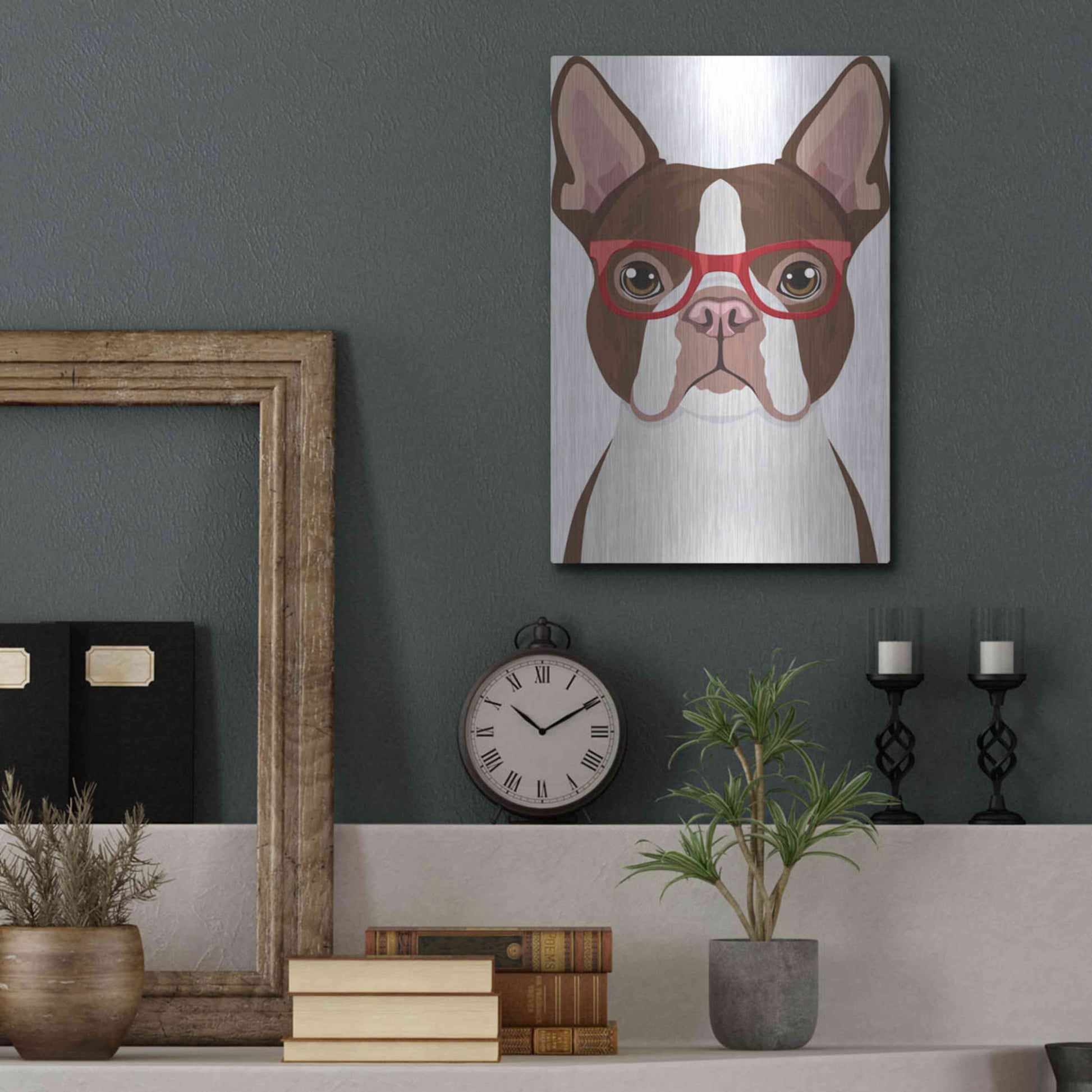 Luxe Metal Art 'Boston Terrier Wearing Hipster Glasses 2' by Furbaby Affiliates, Metal Wall Art,12x16
