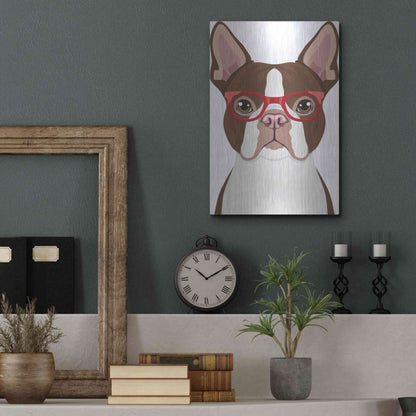 Luxe Metal Art 'Boston Terrier Wearing Hipster Glasses 2' by Furbaby Affiliates, Metal Wall Art,12x16