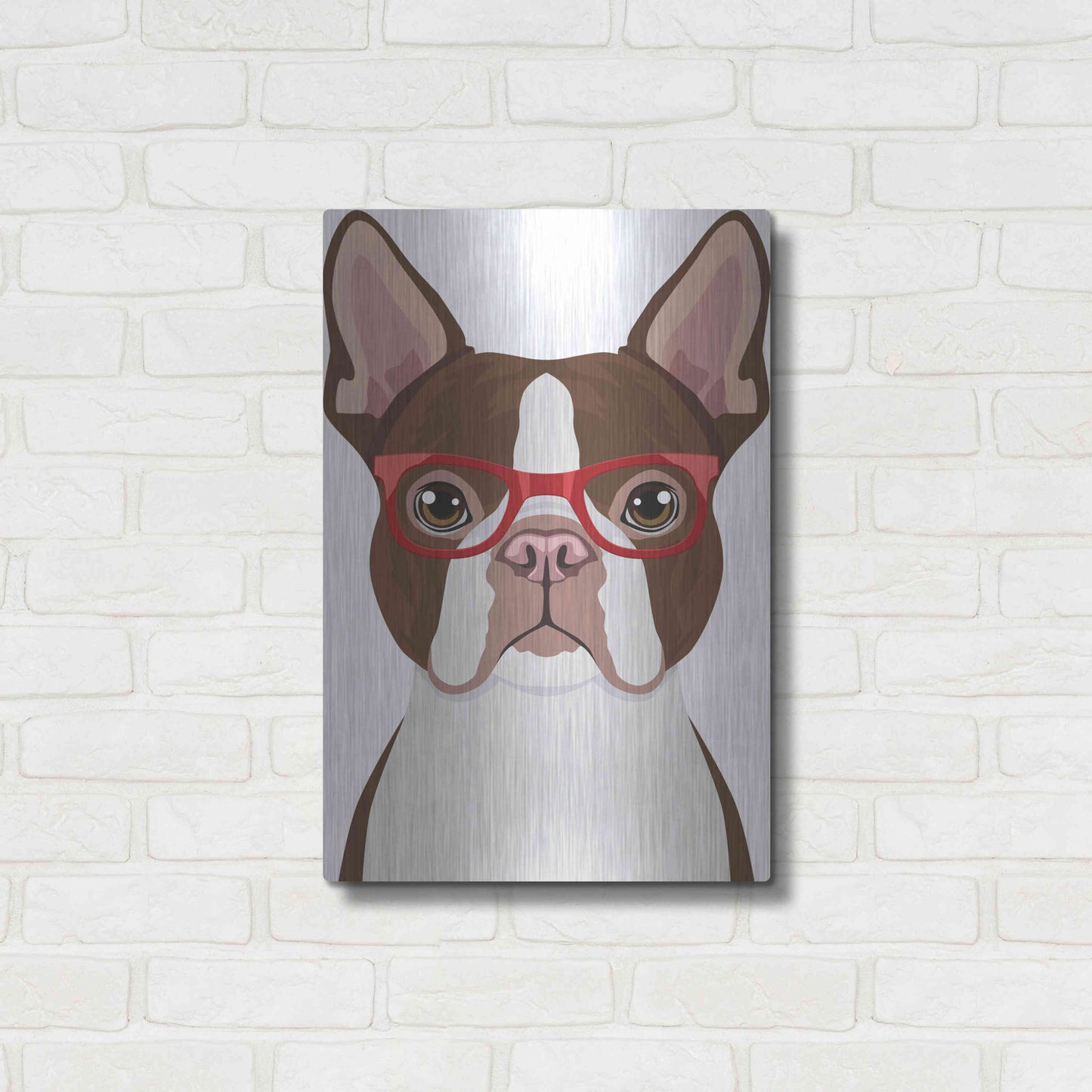 Luxe Metal Art 'Boston Terrier Wearing Hipster Glasses 2' by Furbaby Affiliates, Metal Wall Art,16x24