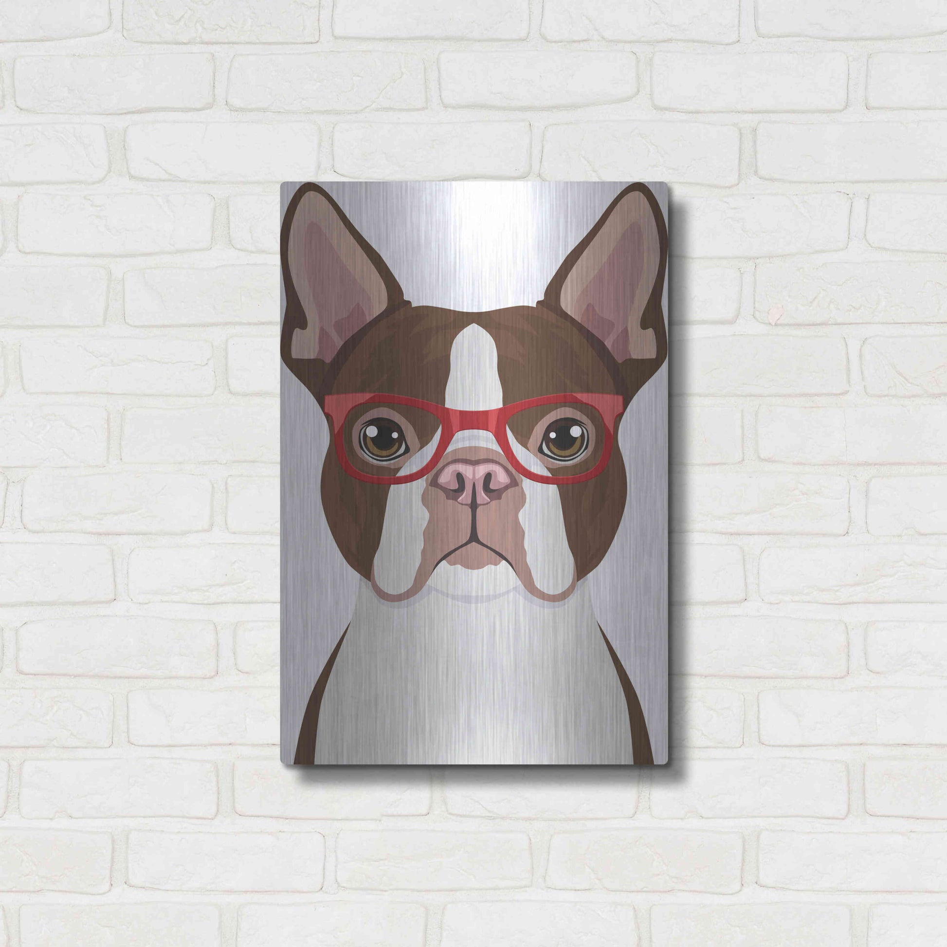 Luxe Metal Art 'Boston Terrier Wearing Hipster Glasses 2' by Furbaby Affiliates, Metal Wall Art,16x24