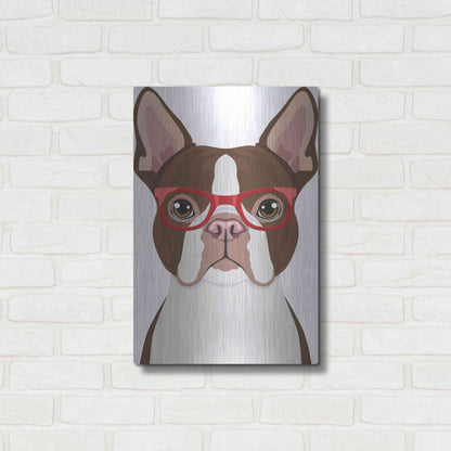 Luxe Metal Art 'Boston Terrier Wearing Hipster Glasses 2' by Furbaby Affiliates, Metal Wall Art,16x24