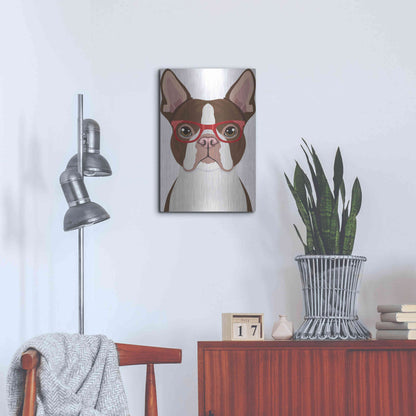 Luxe Metal Art 'Boston Terrier Wearing Hipster Glasses 2' by Furbaby Affiliates, Metal Wall Art,16x24