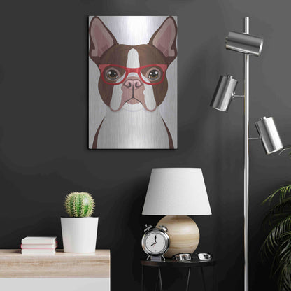 Luxe Metal Art 'Boston Terrier Wearing Hipster Glasses 2' by Furbaby Affiliates, Metal Wall Art,16x24