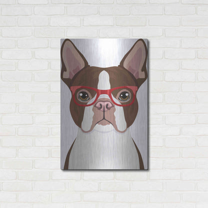 Luxe Metal Art 'Boston Terrier Wearing Hipster Glasses 2' by Furbaby Affiliates, Metal Wall Art,24x36