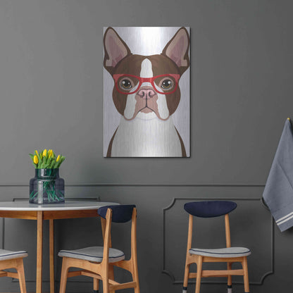 Luxe Metal Art 'Boston Terrier Wearing Hipster Glasses 2' by Furbaby Affiliates, Metal Wall Art,24x36