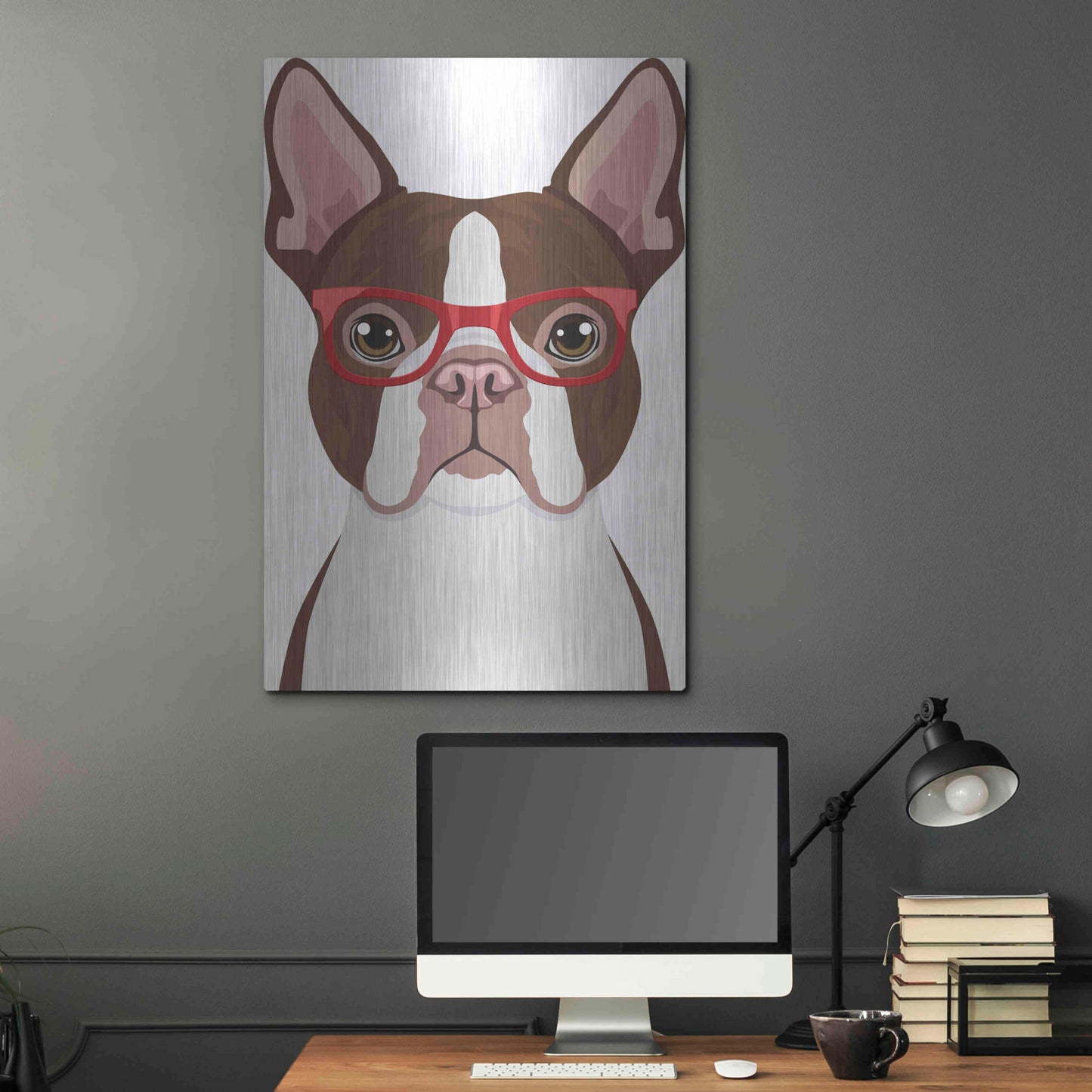 Luxe Metal Art 'Boston Terrier Wearing Hipster Glasses 2' by Furbaby Affiliates, Metal Wall Art,24x36