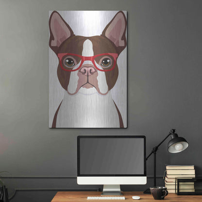 Luxe Metal Art 'Boston Terrier Wearing Hipster Glasses 2' by Furbaby Affiliates, Metal Wall Art,24x36