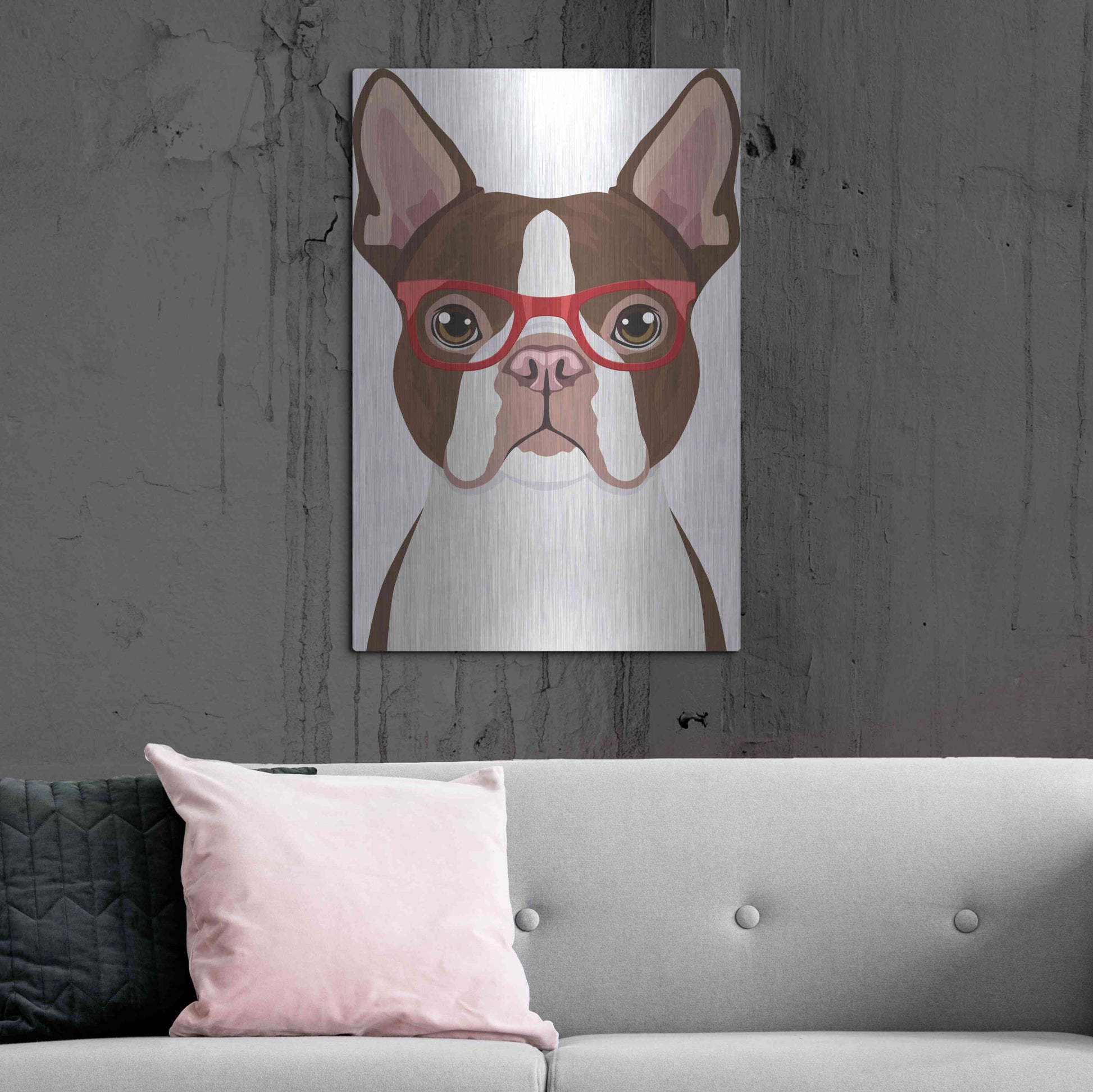 Luxe Metal Art 'Boston Terrier Wearing Hipster Glasses 2' by Furbaby Affiliates, Metal Wall Art,24x36