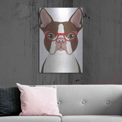 Luxe Metal Art 'Boston Terrier Wearing Hipster Glasses 2' by Furbaby Affiliates, Metal Wall Art,24x36