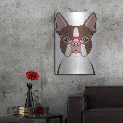 Luxe Metal Art 'Boston Terrier Wearing Hipster Glasses 2' by Furbaby Affiliates, Metal Wall Art,24x36