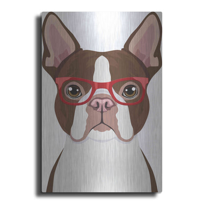 Luxe Metal Art 'Boston Terrier Wearing Hipster Glasses 2' by Furbaby Affiliates, Metal Wall Art