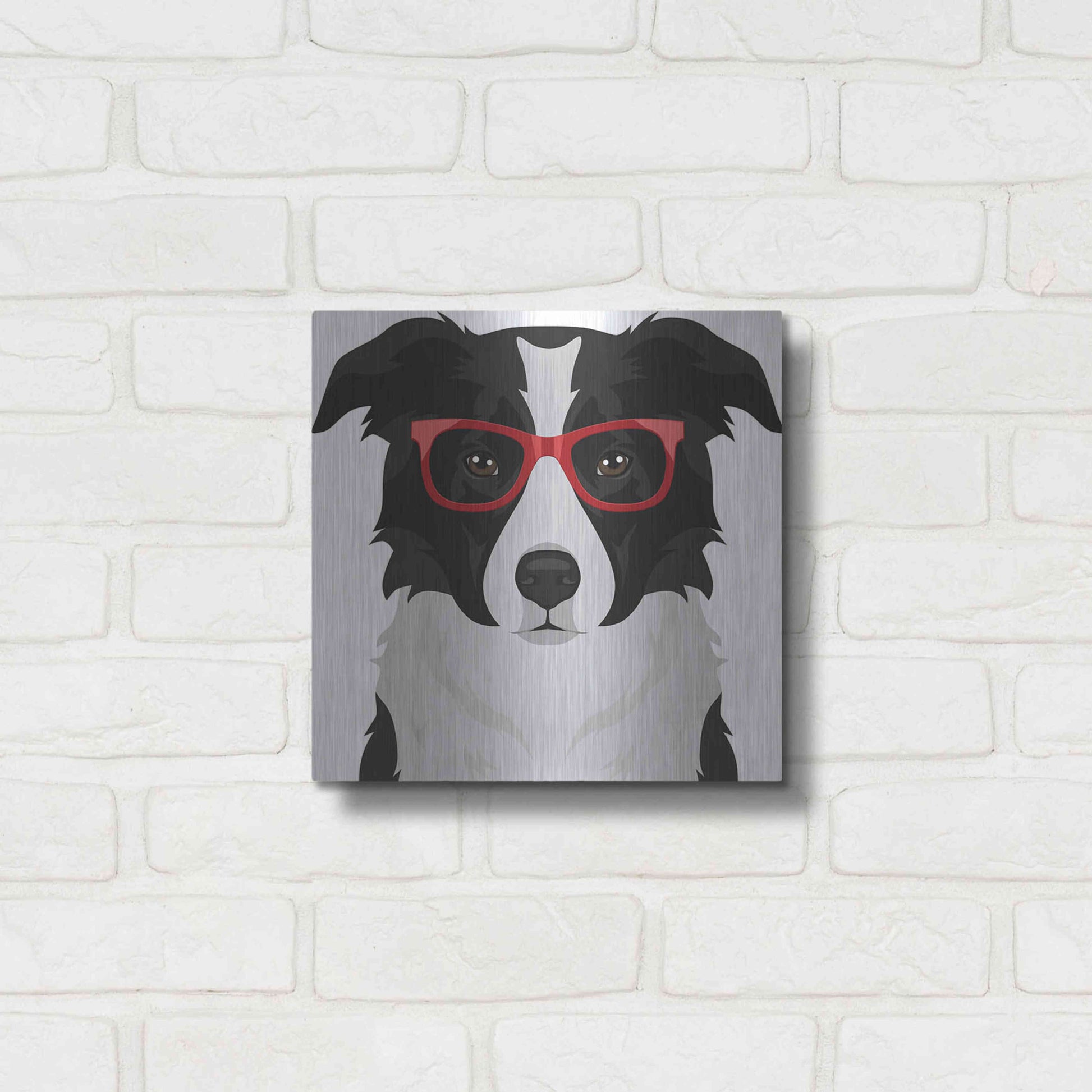 Luxe Metal Art 'Border Collie Wearing Hipster Glasses' by Furbaby Affiliates, Metal Wall Art,12x12