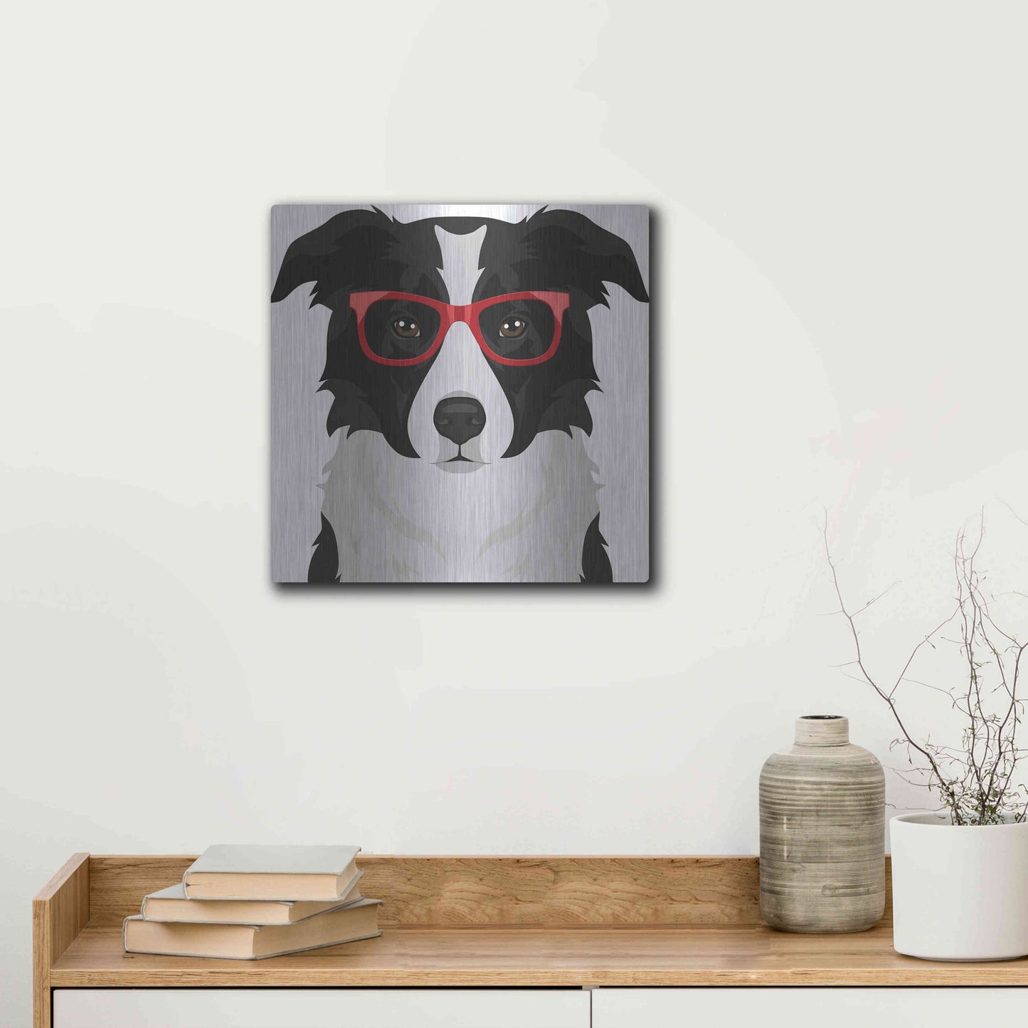 Luxe Metal Art 'Border Collie Wearing Hipster Glasses' by Furbaby Affiliates, Metal Wall Art,12x12