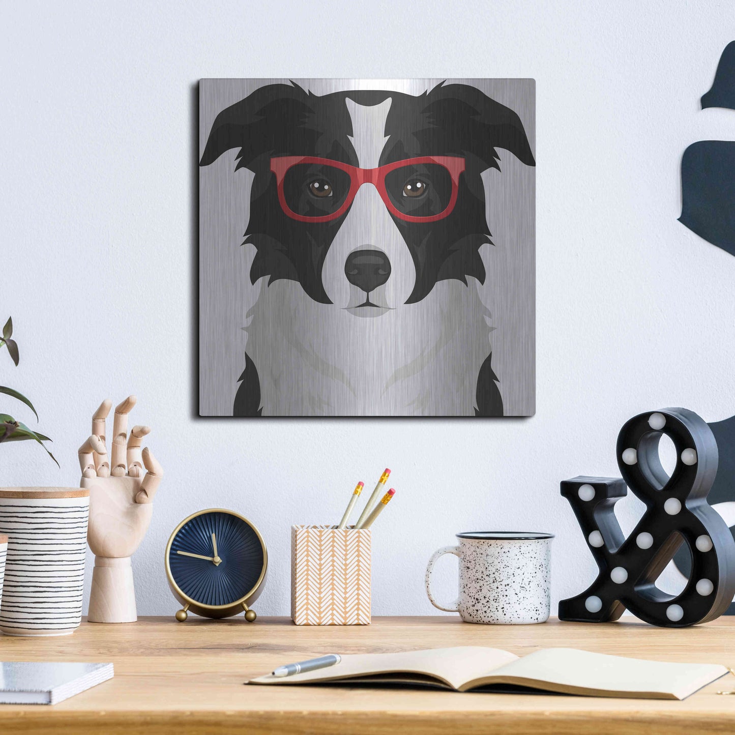 Luxe Metal Art 'Border Collie Wearing Hipster Glasses' by Furbaby Affiliates, Metal Wall Art,12x12