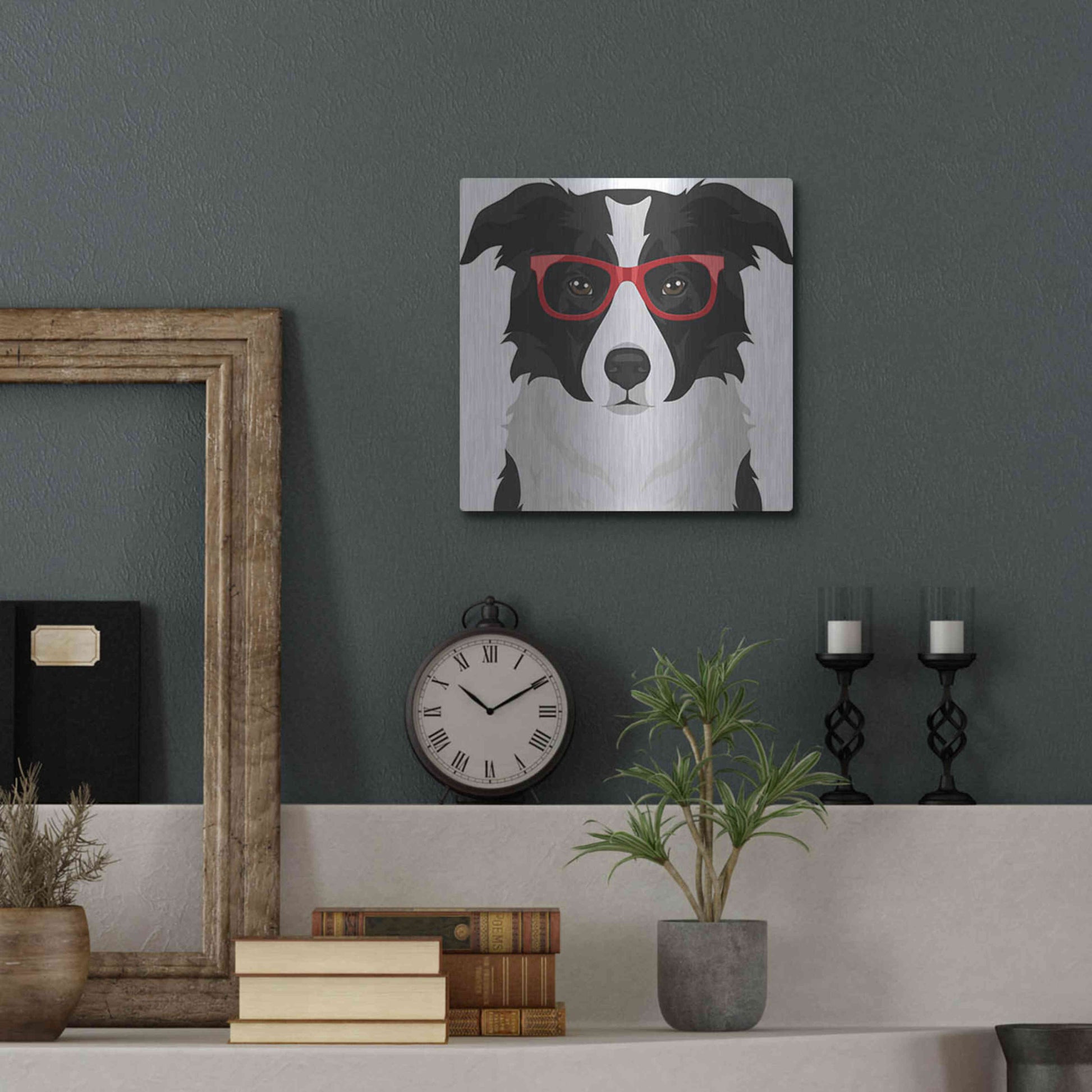 Luxe Metal Art 'Border Collie Wearing Hipster Glasses' by Furbaby Affiliates, Metal Wall Art,12x12