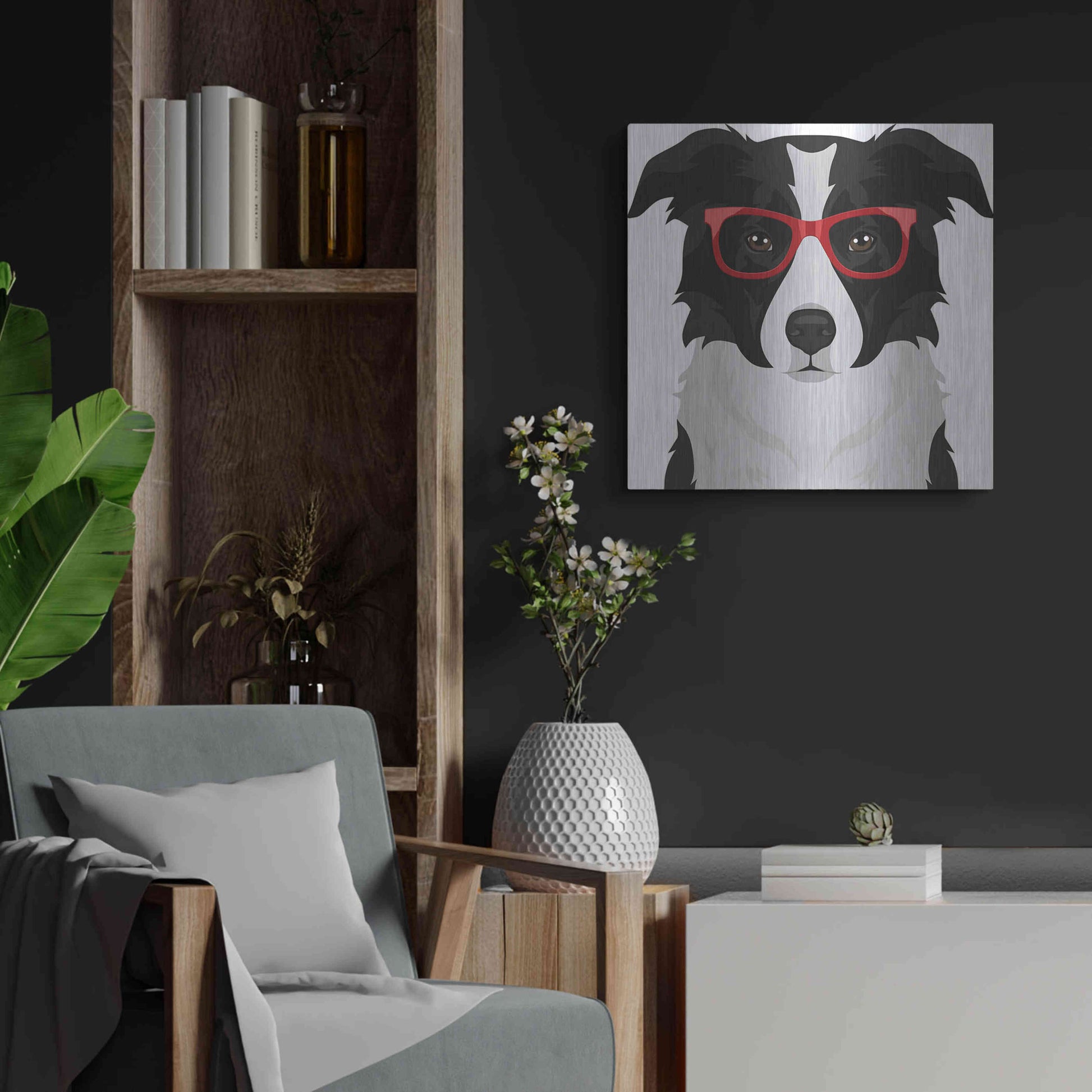 Luxe Metal Art 'Border Collie Wearing Hipster Glasses' by Furbaby Affiliates, Metal Wall Art,24x24