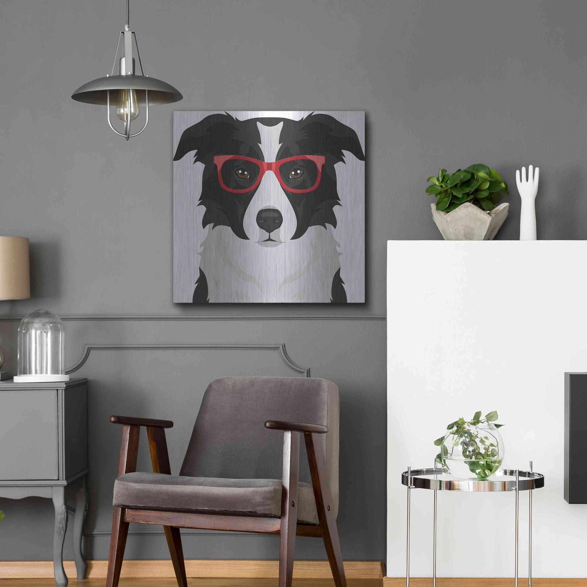 Luxe Metal Art 'Border Collie Wearing Hipster Glasses' by Furbaby Affiliates, Metal Wall Art,24x24