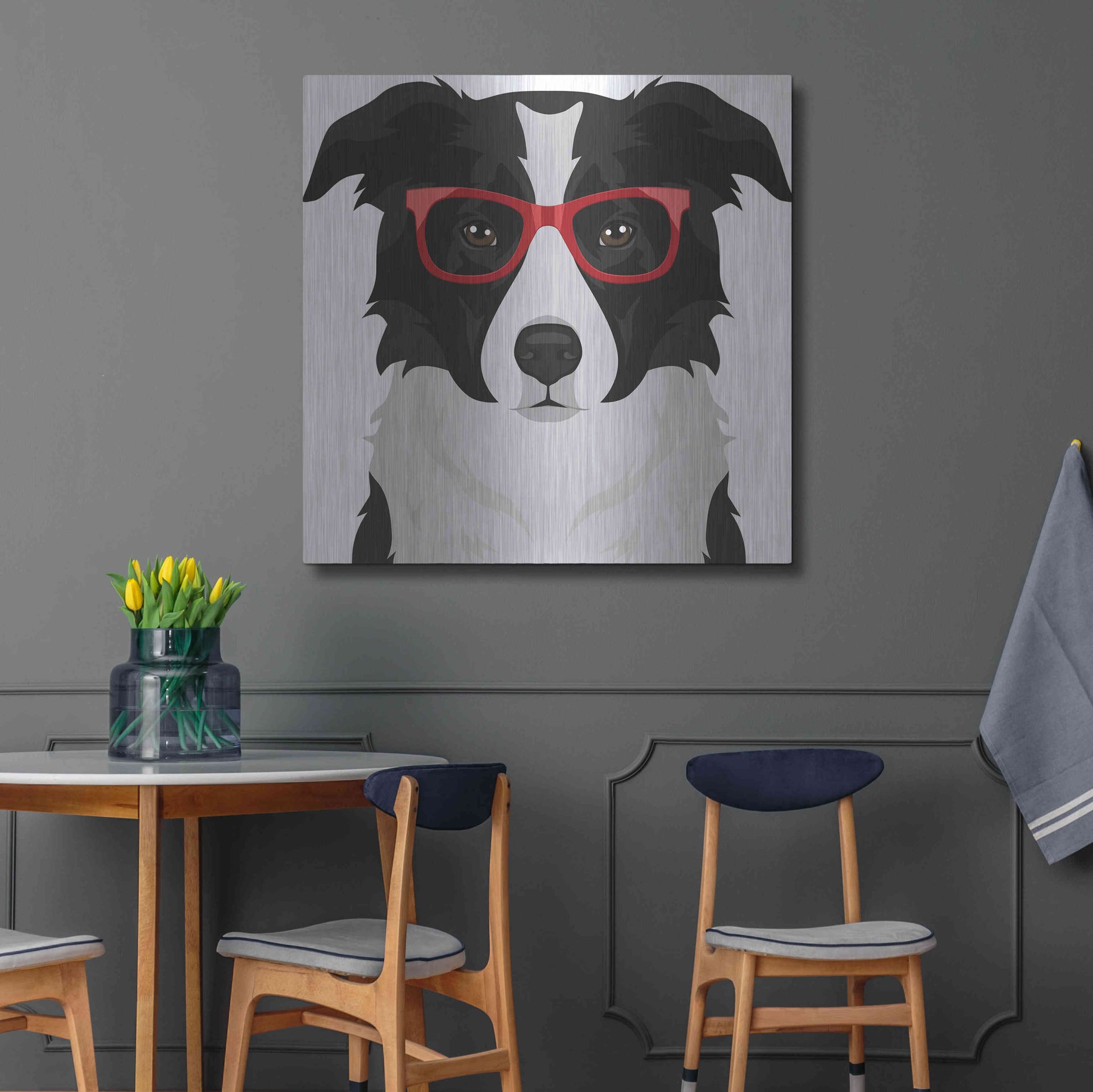 Luxe Metal Art 'Border Collie Wearing Hipster Glasses' by Furbaby Affiliates, Metal Wall Art,36x36