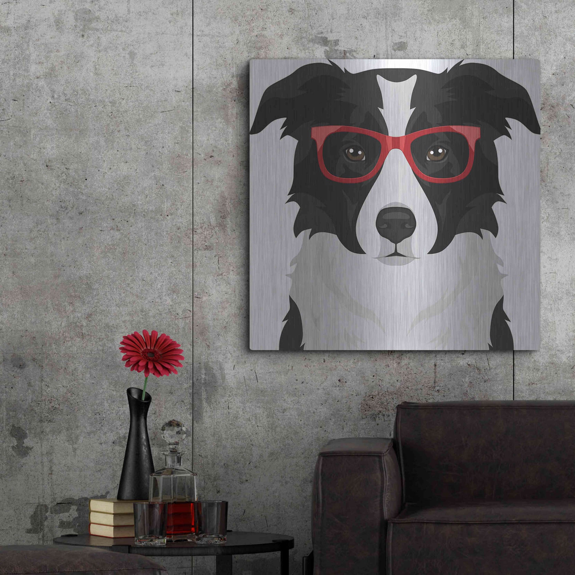 Luxe Metal Art 'Border Collie Wearing Hipster Glasses' by Furbaby Affiliates, Metal Wall Art,36x36