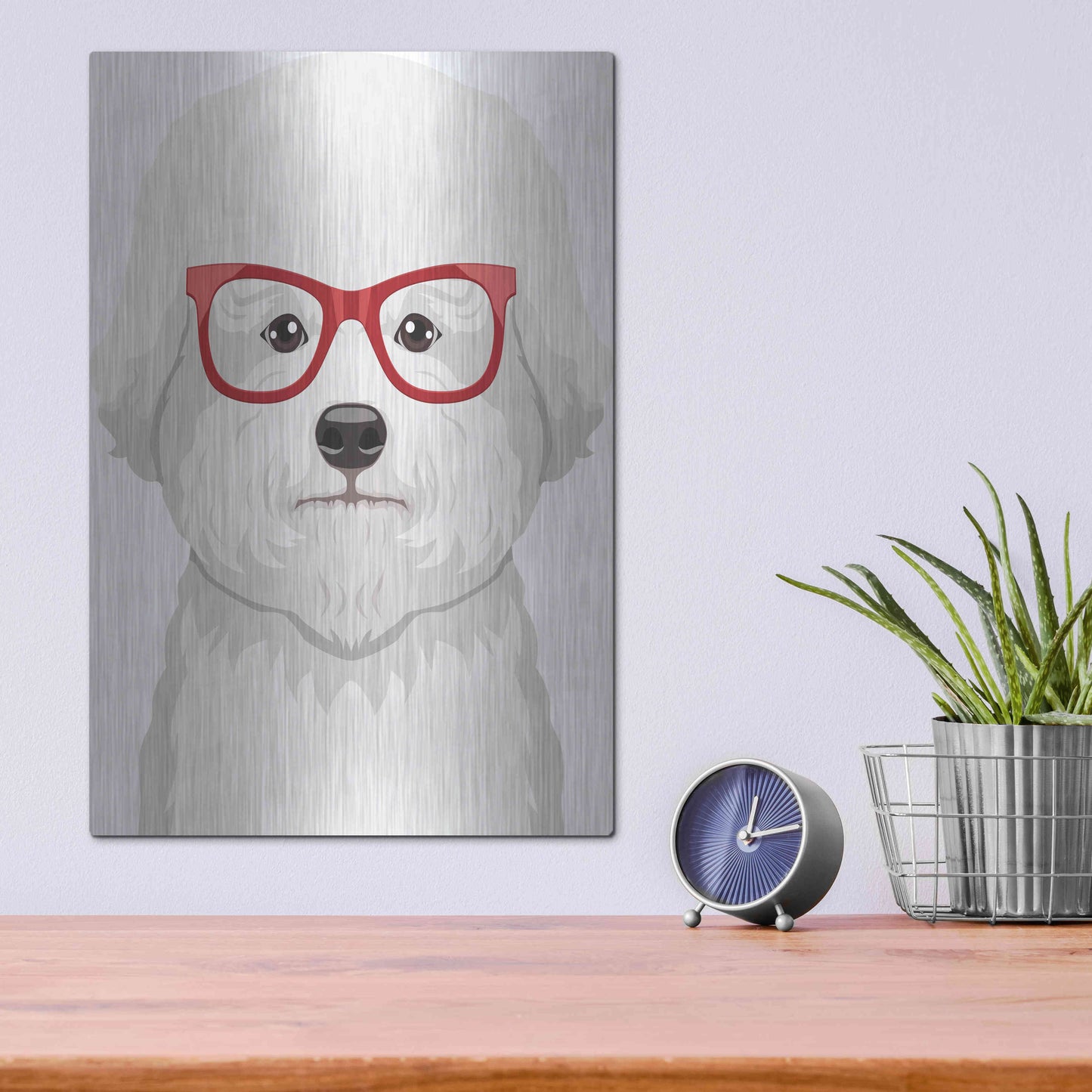 Luxe Metal Art 'Bichon Wearing Hipster Glasses' by Furbaby Affiliates, Metal Wall Art,12x16