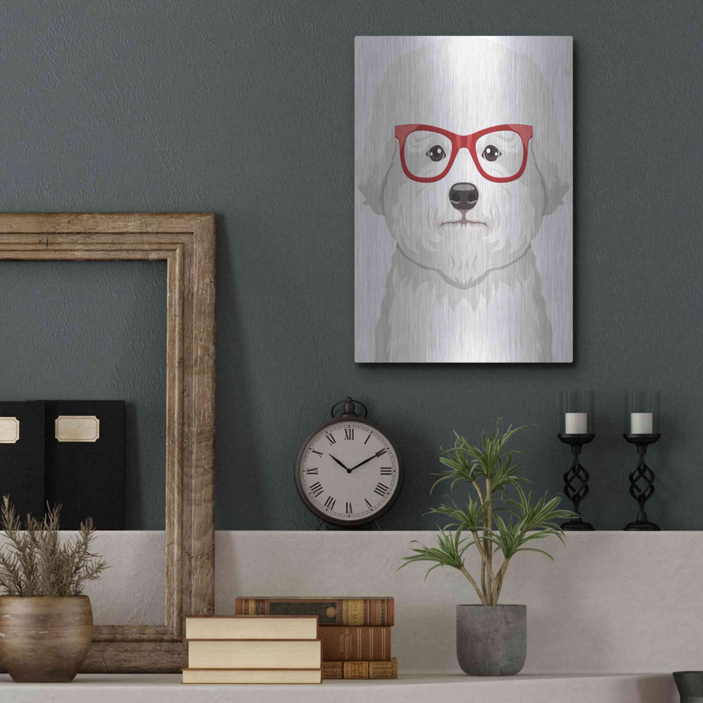 Luxe Metal Art 'Bichon Wearing Hipster Glasses' by Furbaby Affiliates, Metal Wall Art,12x16