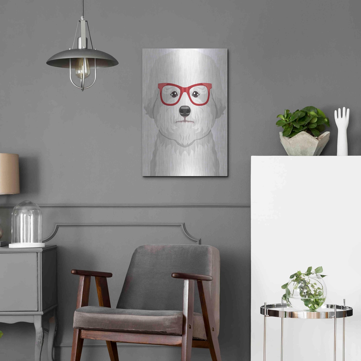 Luxe Metal Art 'Bichon Wearing Hipster Glasses' by Furbaby Affiliates, Metal Wall Art,16x24