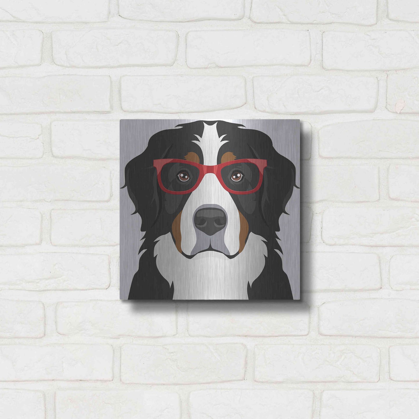 Luxe Metal Art 'Bernese Mountain Dog Wearing Hipster Glasses' by Furbaby Affiliates, Metal Wall Art,12x12