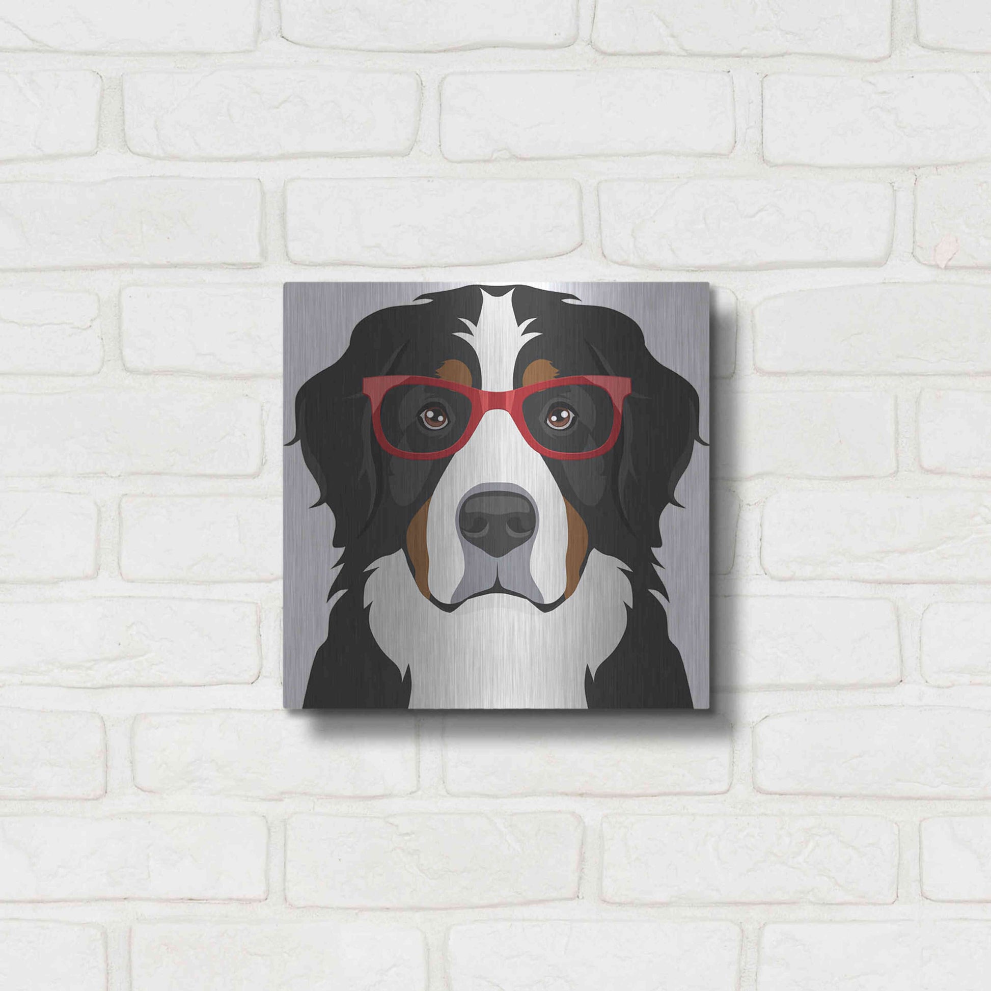 Luxe Metal Art 'Bernese Mountain Dog Wearing Hipster Glasses' by Furbaby Affiliates, Metal Wall Art,12x12