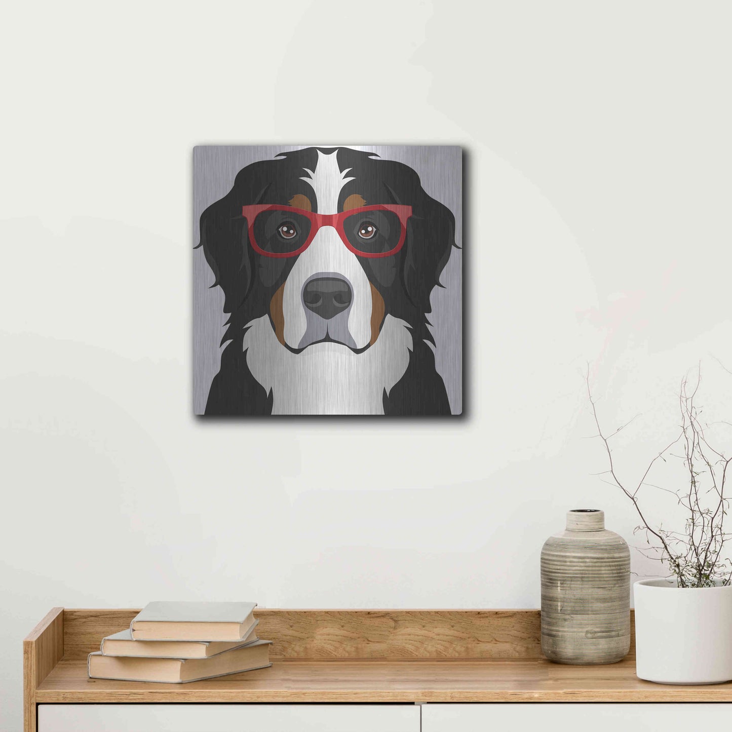 Luxe Metal Art 'Bernese Mountain Dog Wearing Hipster Glasses' by Furbaby Affiliates, Metal Wall Art,12x12