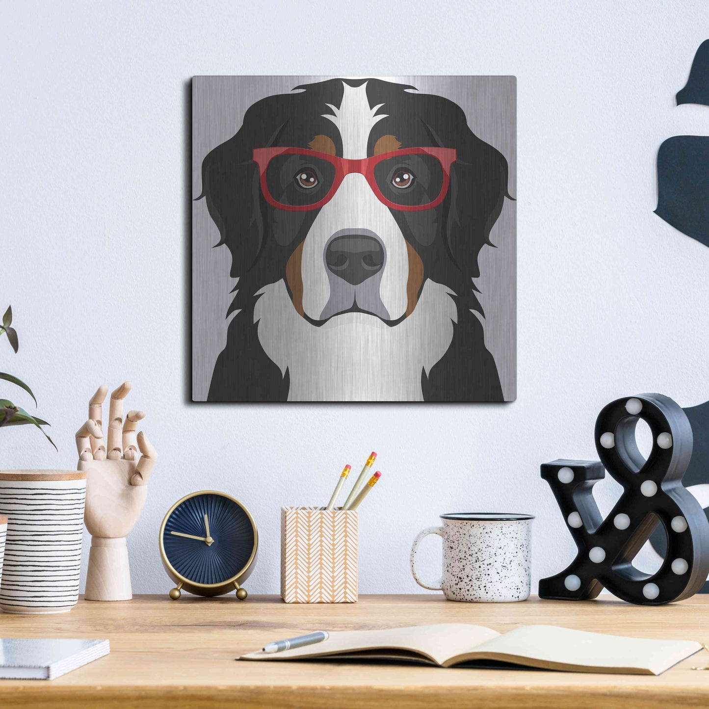 Luxe Metal Art 'Bernese Mountain Dog Wearing Hipster Glasses' by Furbaby Affiliates, Metal Wall Art,12x12