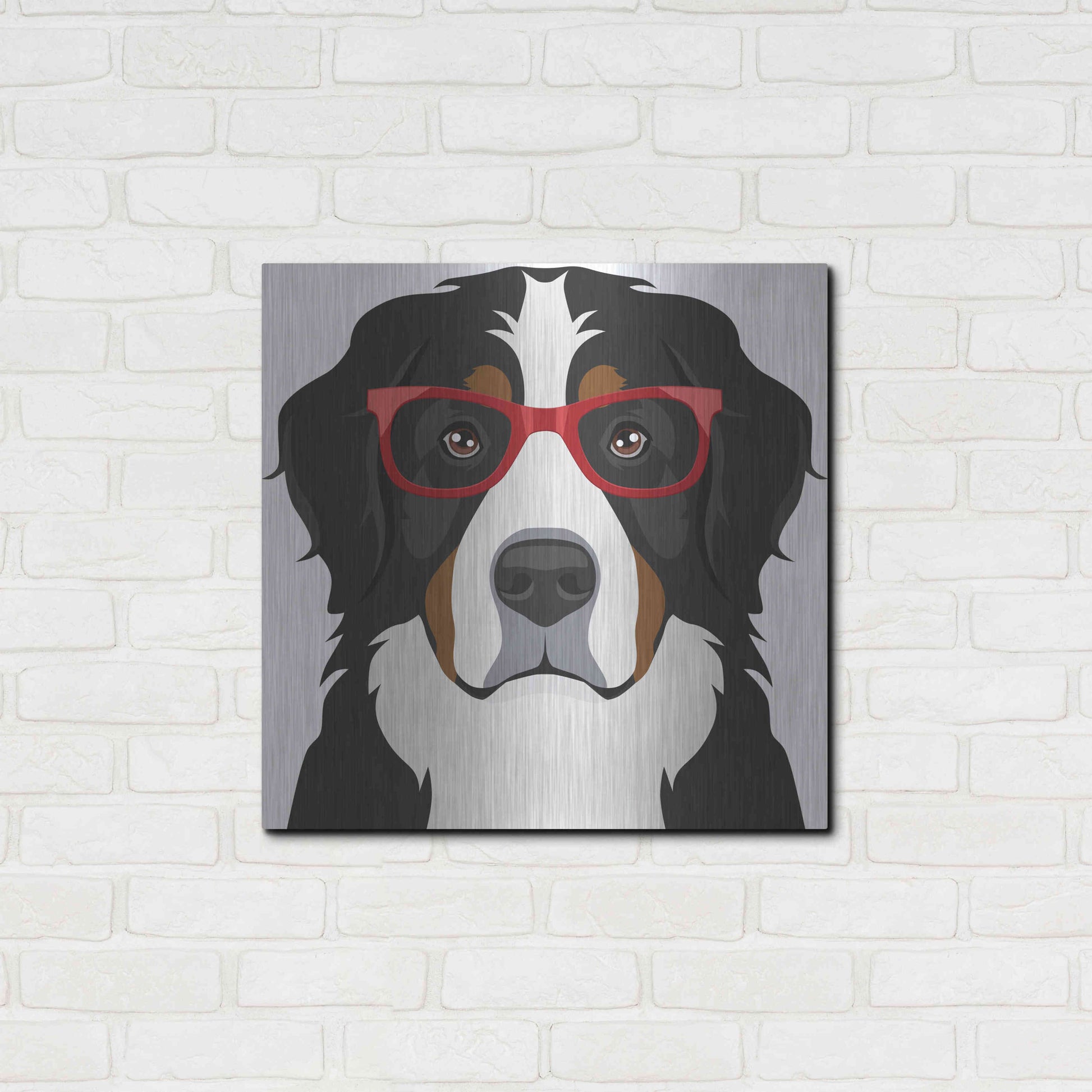 Luxe Metal Art 'Bernese Mountain Dog Wearing Hipster Glasses' by Furbaby Affiliates, Metal Wall Art,24x24