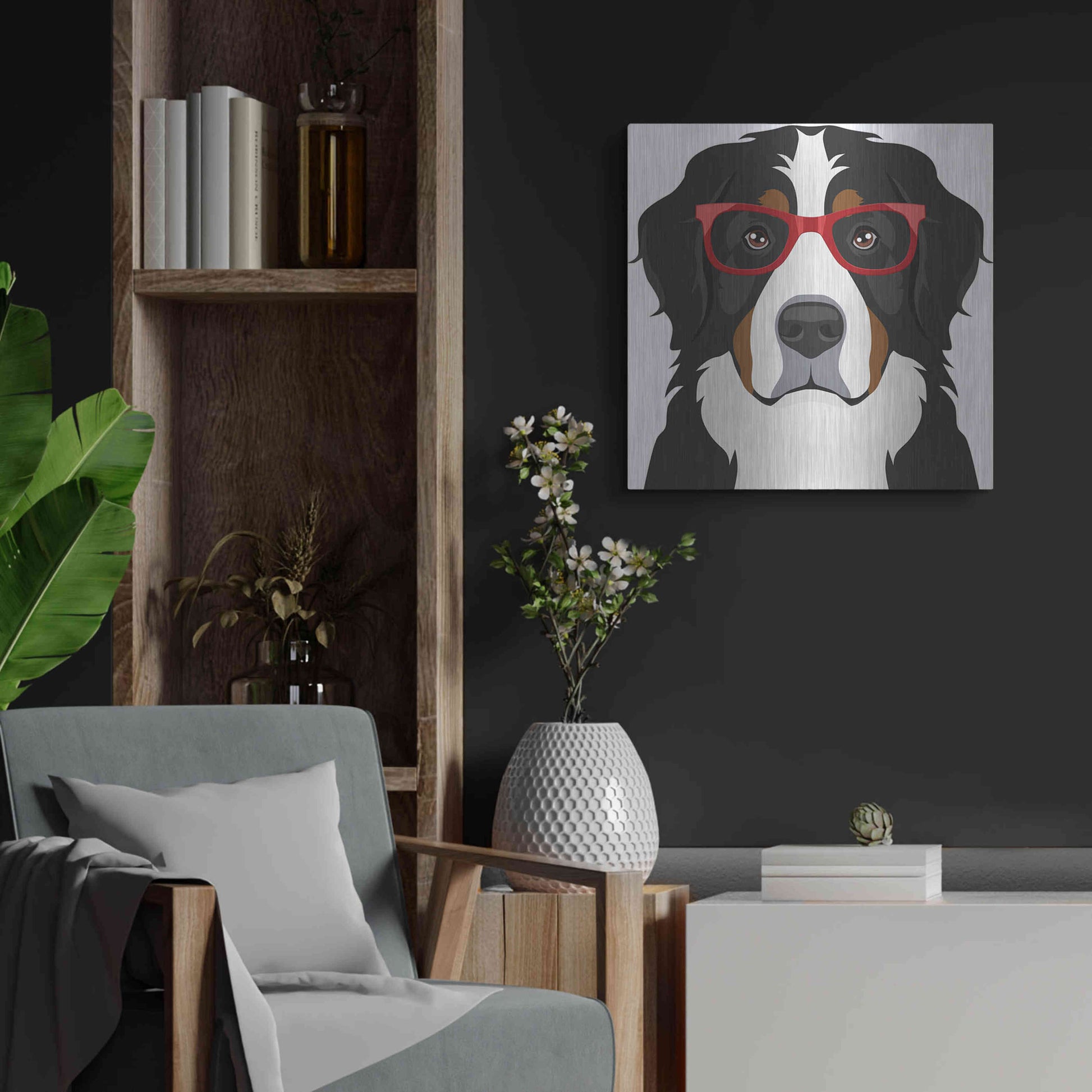 Luxe Metal Art 'Bernese Mountain Dog Wearing Hipster Glasses' by Furbaby Affiliates, Metal Wall Art,24x24