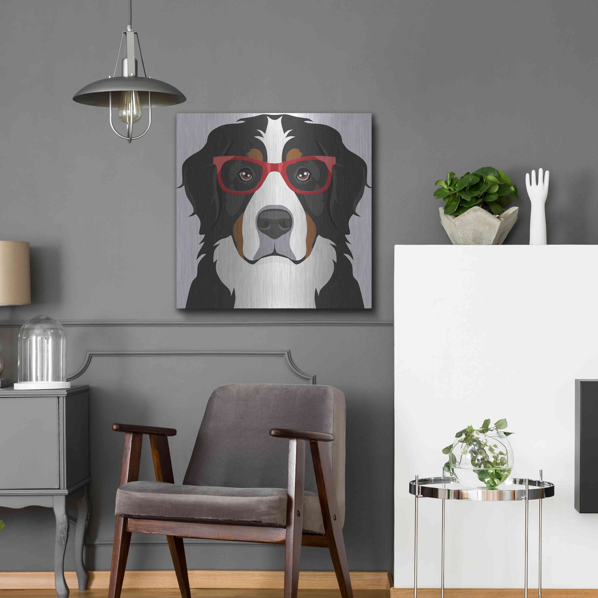 Luxe Metal Art 'Bernese Mountain Dog Wearing Hipster Glasses' by Furbaby Affiliates, Metal Wall Art,24x24