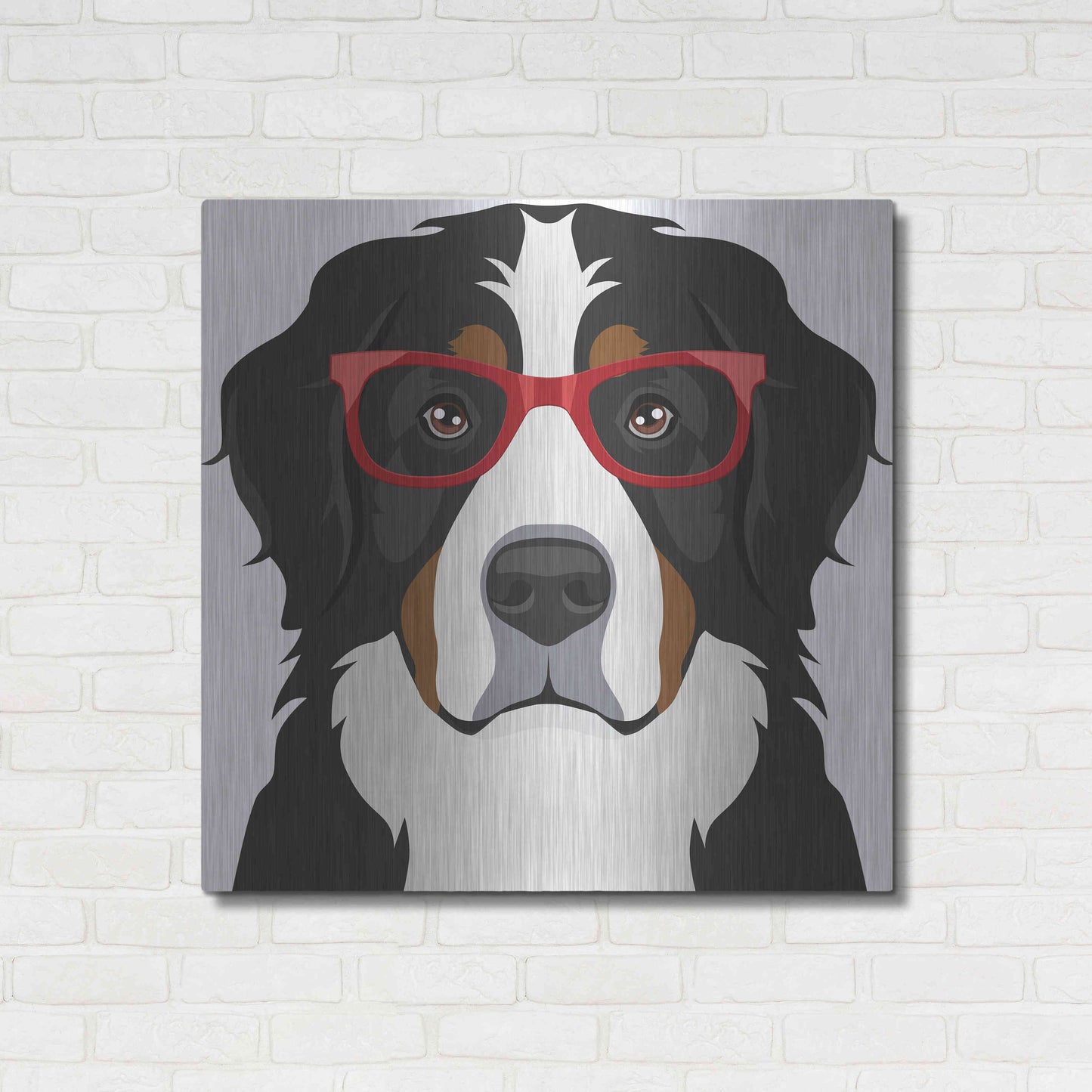 Luxe Metal Art 'Bernese Mountain Dog Wearing Hipster Glasses' by Furbaby Affiliates, Metal Wall Art,36x36
