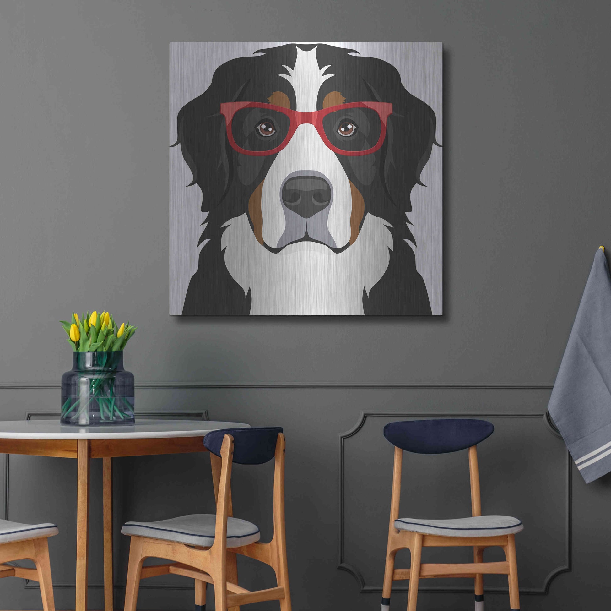 Luxe Metal Art 'Bernese Mountain Dog Wearing Hipster Glasses' by Furbaby Affiliates, Metal Wall Art,36x36
